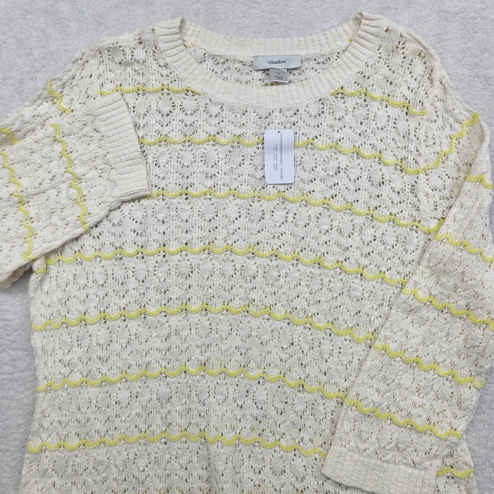 CJ Banks Womens 1X Ivory Lime Yellow Wavy Stripe Pointelle Knit Sweater NWT